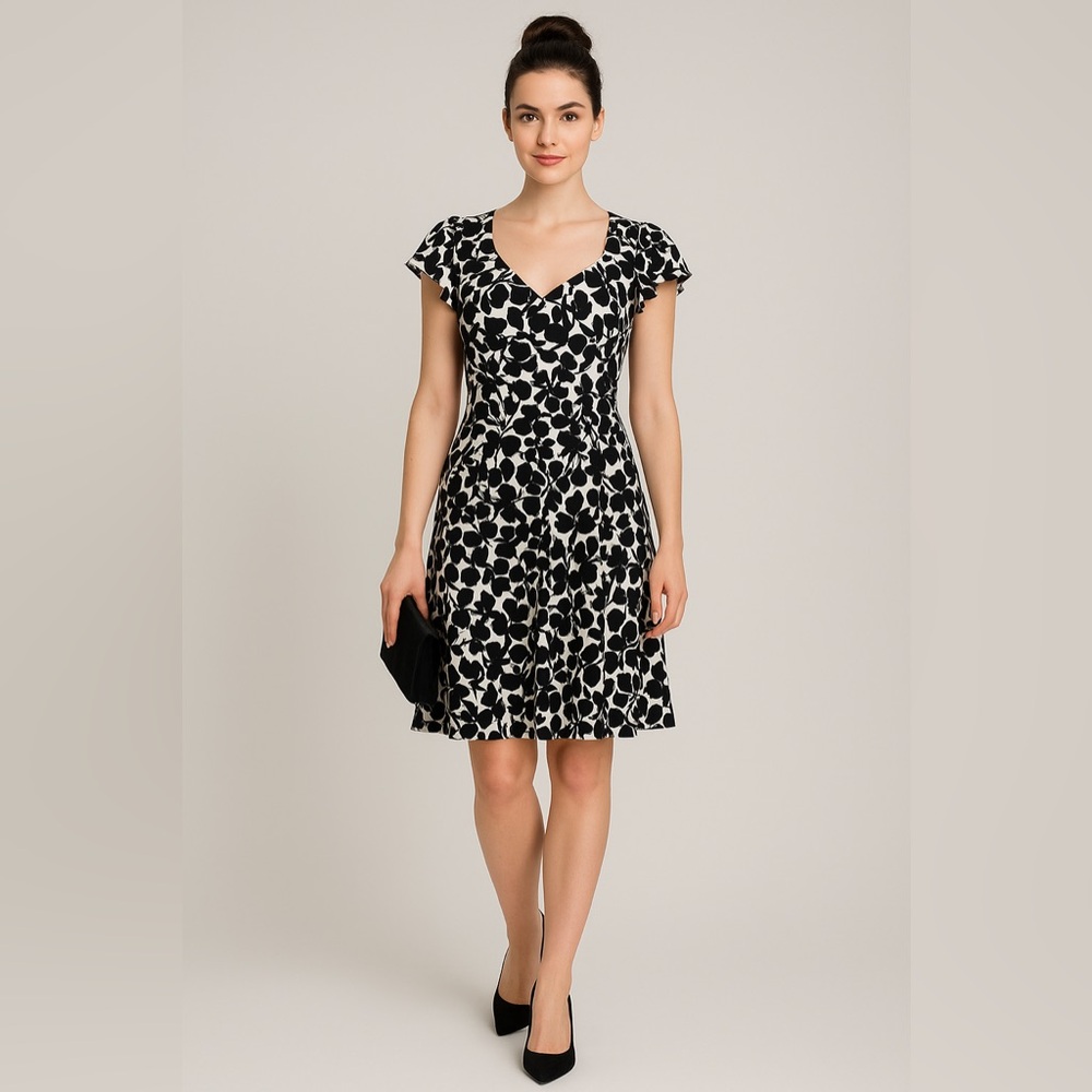 Nanette Lepore Black White Floral Print Flutter Sleeve Dress Size 8